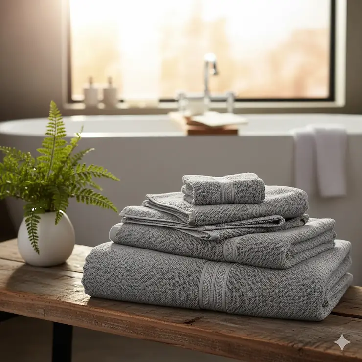 A stack of plush, eco-friendly bamboo bath towels in a modern spa-style bathroom setting. best bamboo bath towels reviews