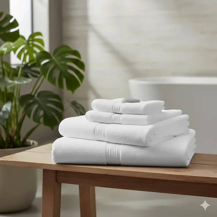 A stack of fluffy white odor resistant bath towels sitting on a wooden spa bench next to a green plant, representing freshness and cleanliness.