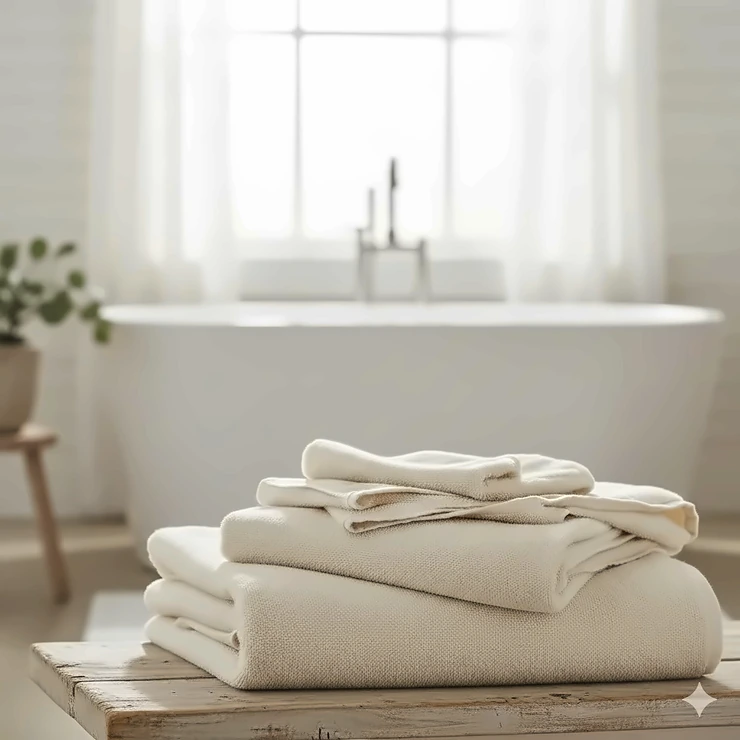 A stack of plush, cream-colored organic cotton bath towels neatly folded on a wooden bench in a bright, modern bathroom. best organic cotton bath towels