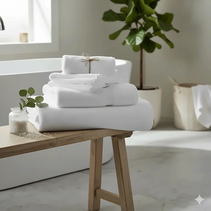 A neat stack of plush white cotton bath towels sitting on a wooden bench in a bright, modern bathroom. white bath towels that stay white