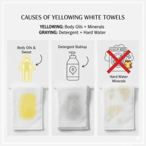 Infographic showing how body oils and detergent buildup cause white bath towels to turn yellow or grey.