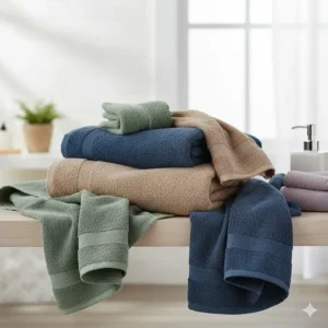 A variety of thick plush bath towels displayed in a range of spa-inspired colors like sage, slate, and navy.