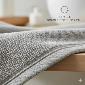 Close-up of the reinforced double-stitched hems on a high-quality bamboo bath towel.