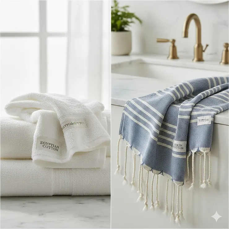 A side-by-side comparison of a thick, plush white Egyptian cotton towel and a lightweight, fringed Turkish peshtemal towel. egyptian cotton vs turkish cotton towels