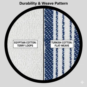 Detailed illustration of the terry cloth loops in Egyptian cotton towels compared to the flat-weave pattern of Turkish towels.