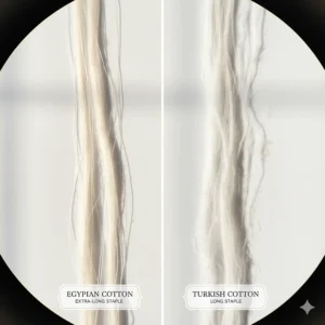 Illustration showing the difference in staple length between extra-long Egyptian cotton fibers and long Turkish cotton fibers.