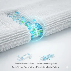 Close-up illustration of moisture-wicking fibers that help prevent the musty towel smell.