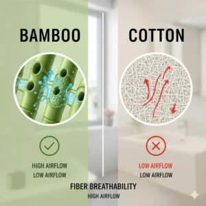Diagram showing airflow through porous bamboo fibers versus tightly woven cotton fibers.