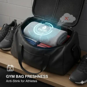 An illustration of a damp towel in a gym bag with a fresh badge, highlighting its anti-stink properties for athletes.