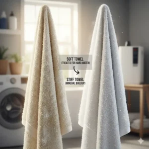 Illustration comparing a stiff towel with mineral deposits versus a soft towel laundered for hard water.