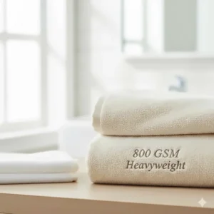 Illustration comparing the thickness of a standard towel to a heavyweight 800 GSM thick plush bath towel.