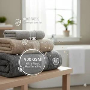 A graphic showing 600-900 GSM bath towels which provide the thickness needed for hard water environments.