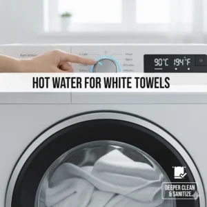 A close-up of a washing machine dial set to hot water for a load of white bath towels that stay white.