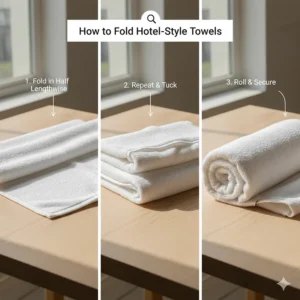 Step-by-step guide on how to fold hotel quality bath towels for a spa-like display.