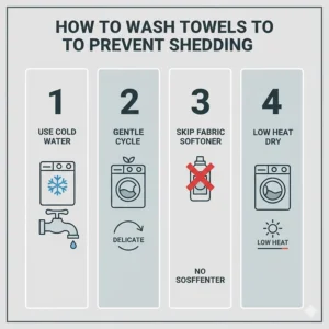 Step-by-step icons showing how to wash and dry towels properly to maintain a non-shedding surface.