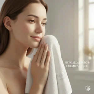 An illustration of a person with sensitive skin using a soft organic cotton towel, highlighting the hypoallergenic properties of chemical-free fabric.