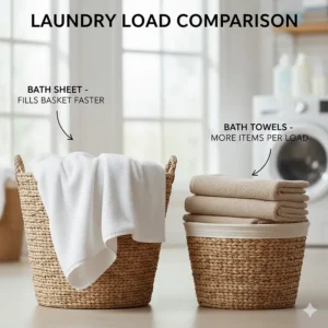 Illustration showing a laundry basket filled with bulky bath sheets to demonstrate laundry load differences.