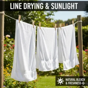 White bath towels hanging on a line outdoors, using natural UV light from the sun to bleach and freshen the fabric.