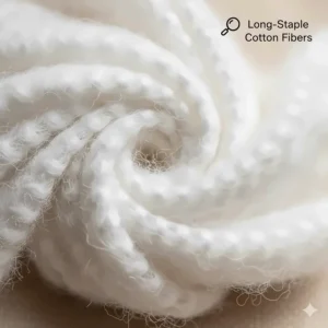Close-up illustration of long-staple cotton fibers used in hotel quality bath towels.