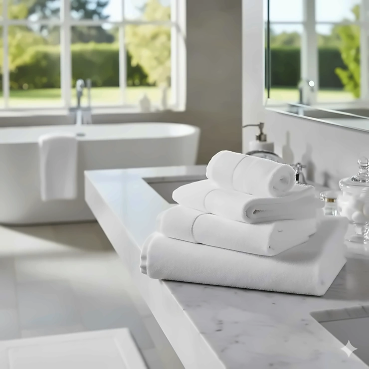 Stacked thick white hotel quality bath towels on a marble bathroom counter. hotel quality bath towels