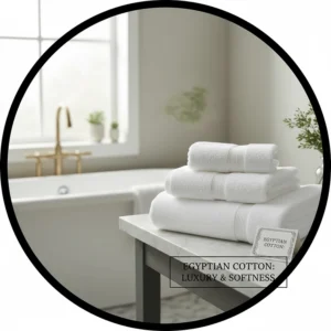 Illustration of thick Egyptian cotton towels folded in a luxury spa bathroom setting to highlight their premium feel.