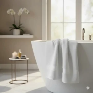 A luxury spa-style illustration featuring a high-gsm bath sheet draped over a freestanding bathtub.