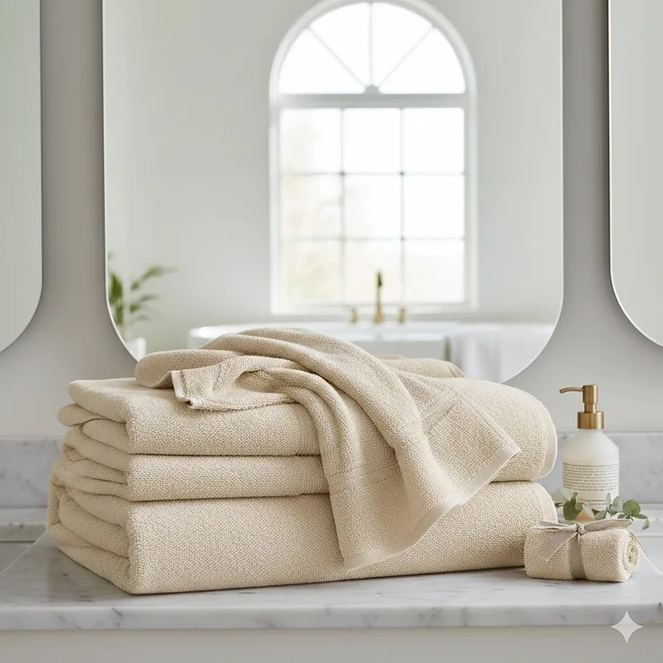 A stack of luxury thick plush bath towels in ivory white neatly folded on a marble bathroom vanity.