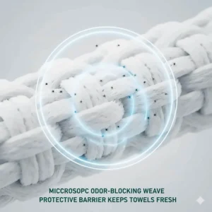 A cross-section of a towel weave showing a protective barrier that prevents odors from being trapped in the fabric.