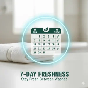 A 7-day calendar icon next to a towel, showing that odor resistant bath towels stay fresh between washes.