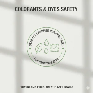 Graphic showing Oeko-Tex certified non-toxic dyes used in soft towels to prevent skin irritation.