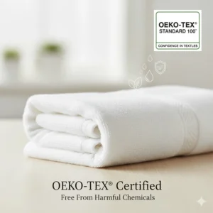 Illustration representing OEKO-TEX certified hotel quality bath towels free from harmful chemicals.