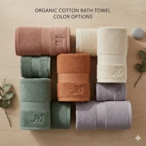 A flat-lay arrangement of organic cotton towels in various earth tones like sage green, stone grey, and terracotta.
