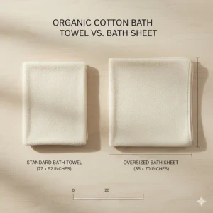 A size comparison diagram showing the dimensions of a standard organic cotton bath towel versus an oversized bath sheet.