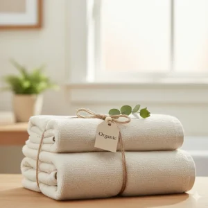 A stack of organic cotton thick plush bath towels tied with a natural jute ribbon.