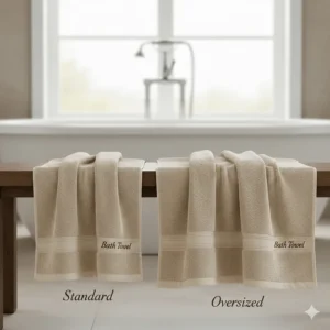 Illustration showing the generous dimensions of oversized thick plush bath towels compared to standard sizes.