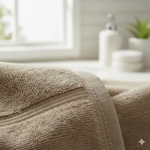 Close-up of the double-stitched hem on a durable thick plush bath towel for long-lasting use.