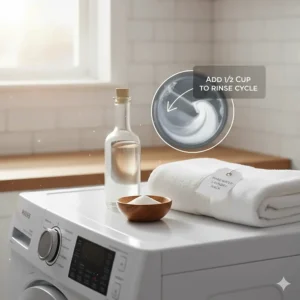 A bottle of white vinegar next to a washing machine to show how to soften bath towels affected by hard water.