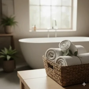 Two thick plush bath towels rolled and placed in a wicker basket for a spa-like bathroom aesthetic.