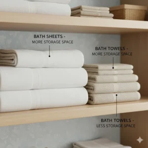 Comparison of folded bath sheets and bath towels on a linen closet shelf highlighting storage space requirements.