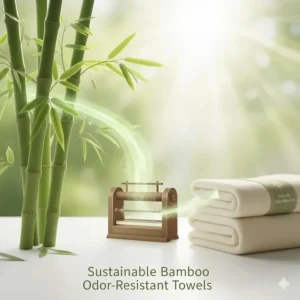 Illustration of bamboo stalks turning into soft fabric, emphasizing naturally odor resistant bath towels.