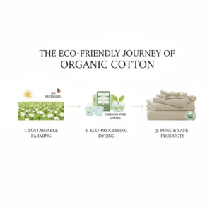An illustration showing the pesticide-free farming and chemical-free dyeing process of high-quality organic towels.