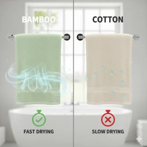 Illustration of drying times for bamboo and cotton towels hanging on a bathroom rack.