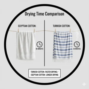 Iconography comparing the faster drying time of Turkish towels to the longer drying time required for dense Egyptian cotton.