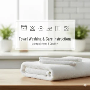 Graphic showing laundry care icons for maintaining the softness of hotel quality bath towels.