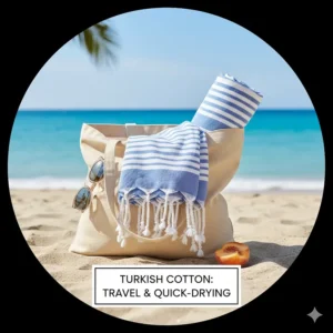 A rolled Turkish cotton towel in a beach bag demonstrating its compact size and portability for travel.