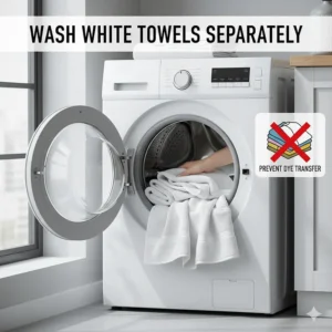 A washing machine being filled exclusively with white towels to prevent dye transfer from colored fabrics.