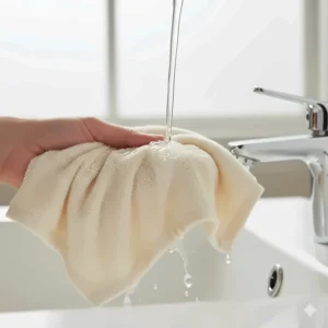 A hand holding a plush washcloth absorbing water to demonstrate its gentle, thick density.