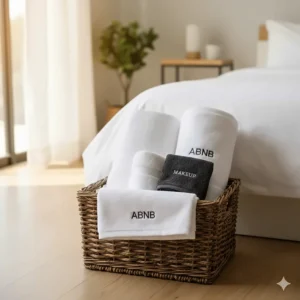 A wicker basket containing a set of bath towels, hand towels, and washcloths for an Airbnb guest room.