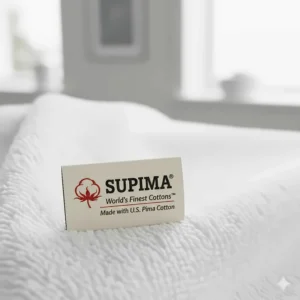 Close-up of the official Supima trademark label attached to a high-quality white cotton towel.