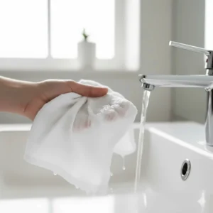 A small, extra-soft muslin washcloth used for a baby’s bath, highlighting its suitability for the most delicate skin.